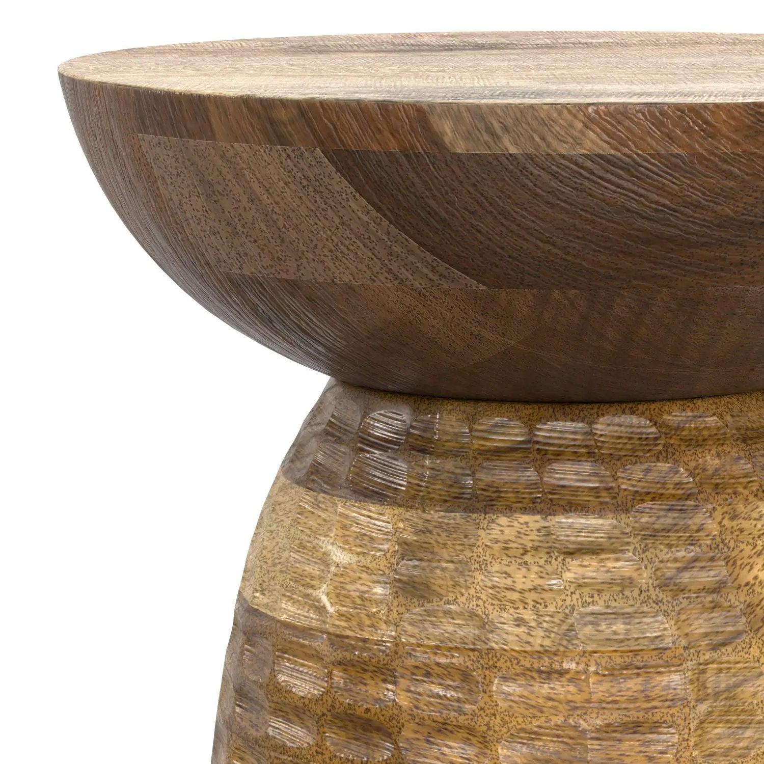 Boyd Handcrafted Accent Table in warm brown wood with a textured pedestal base on Tampa Home & Garden Store