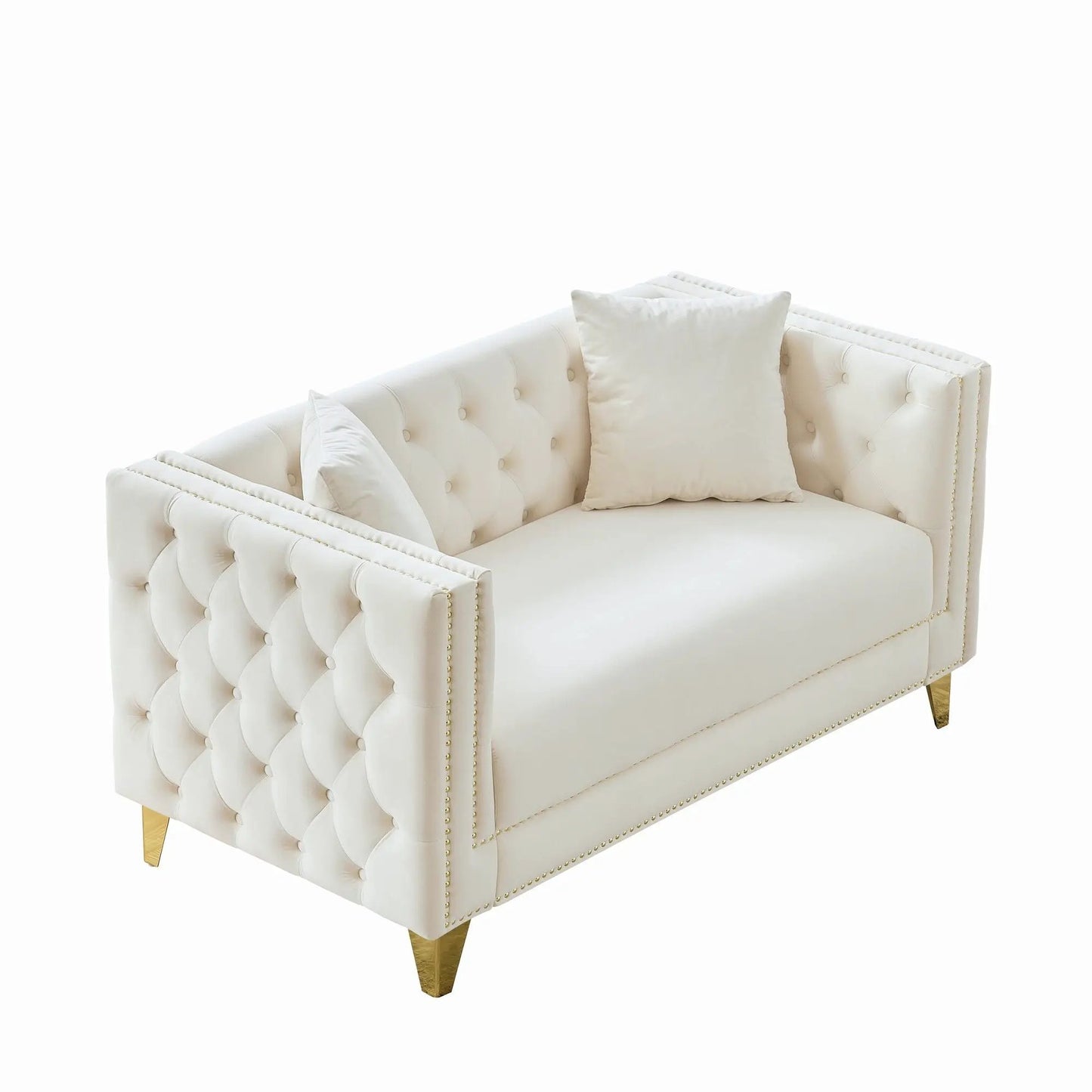 2 Seater Deep Seat Sofa with Button Nailhead Square Arm cream upholstery tufted back gold legs on Tampa Home & Garden Store