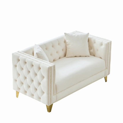 2 Seater Deep Seat Sofa with Button Nailhead Square Arm cream upholstery tufted back gold legs on Tampa Home & Garden Store
