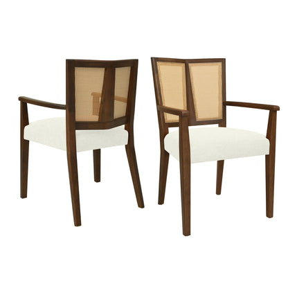 HouseOfZazla Mid Century Modern Arm Dining Chairs With Rattan Backrest in dark wood 2-pack on Tampa Home & Garden Store