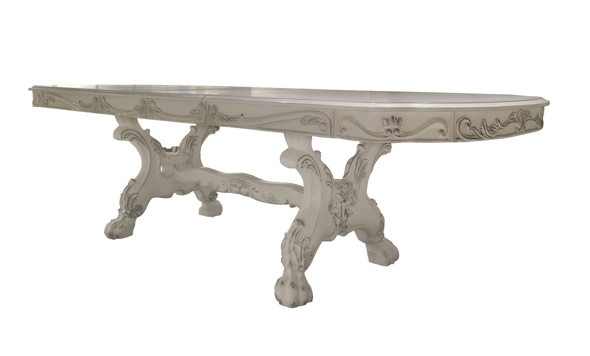 Dresden elegant dining table pearl silver finish with ornate carved wood base and curved legs on Tampa Home & Garden Store