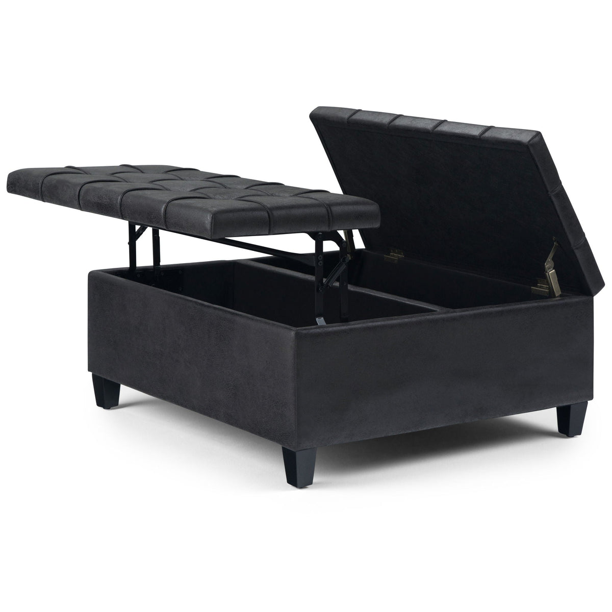 Harrison Tufted Lift Top Ottoman, black faux leather with lift lid on Tampa Home & Garden Store