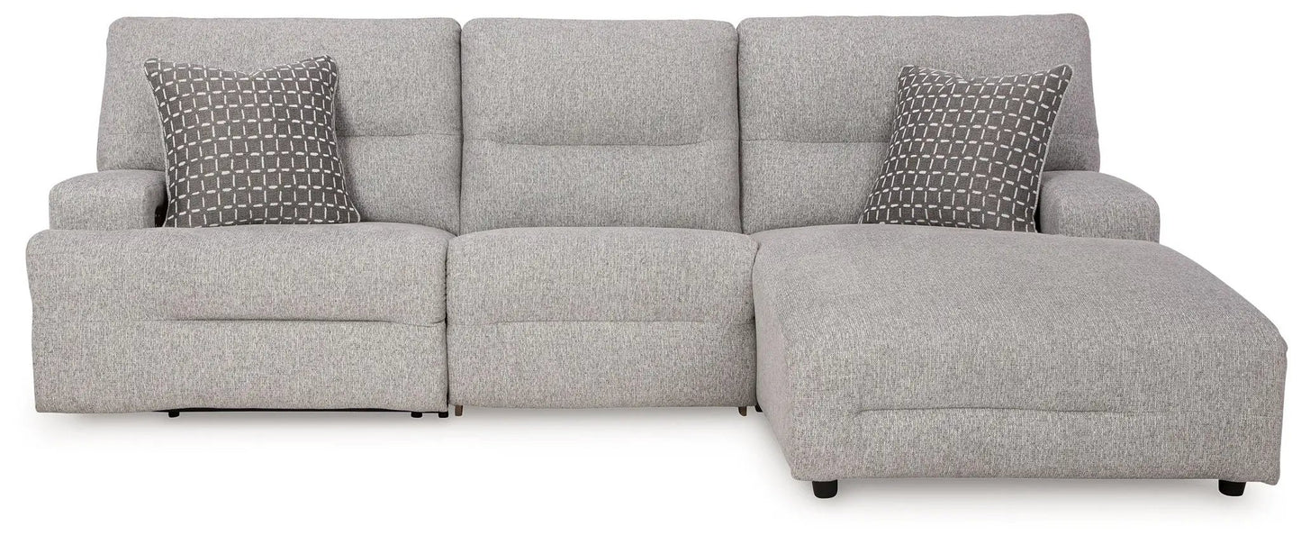 Acklen Place reclining sectional in light gray fabric with two geometric pillows; right chaise by Unique Piece Furniture on Tampa Home & Garden Store