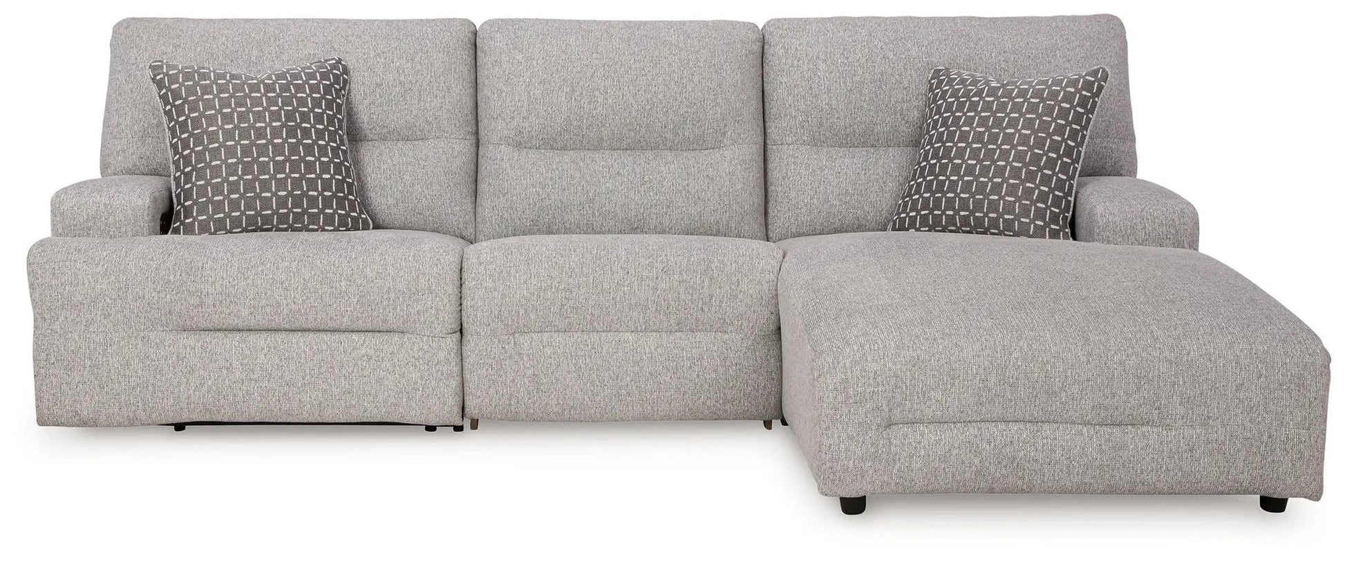 Acklen Place reclining sectional in light gray fabric with two geometric pillows; right chaise by Unique Piece Furniture on Tampa Home & Garden Store
