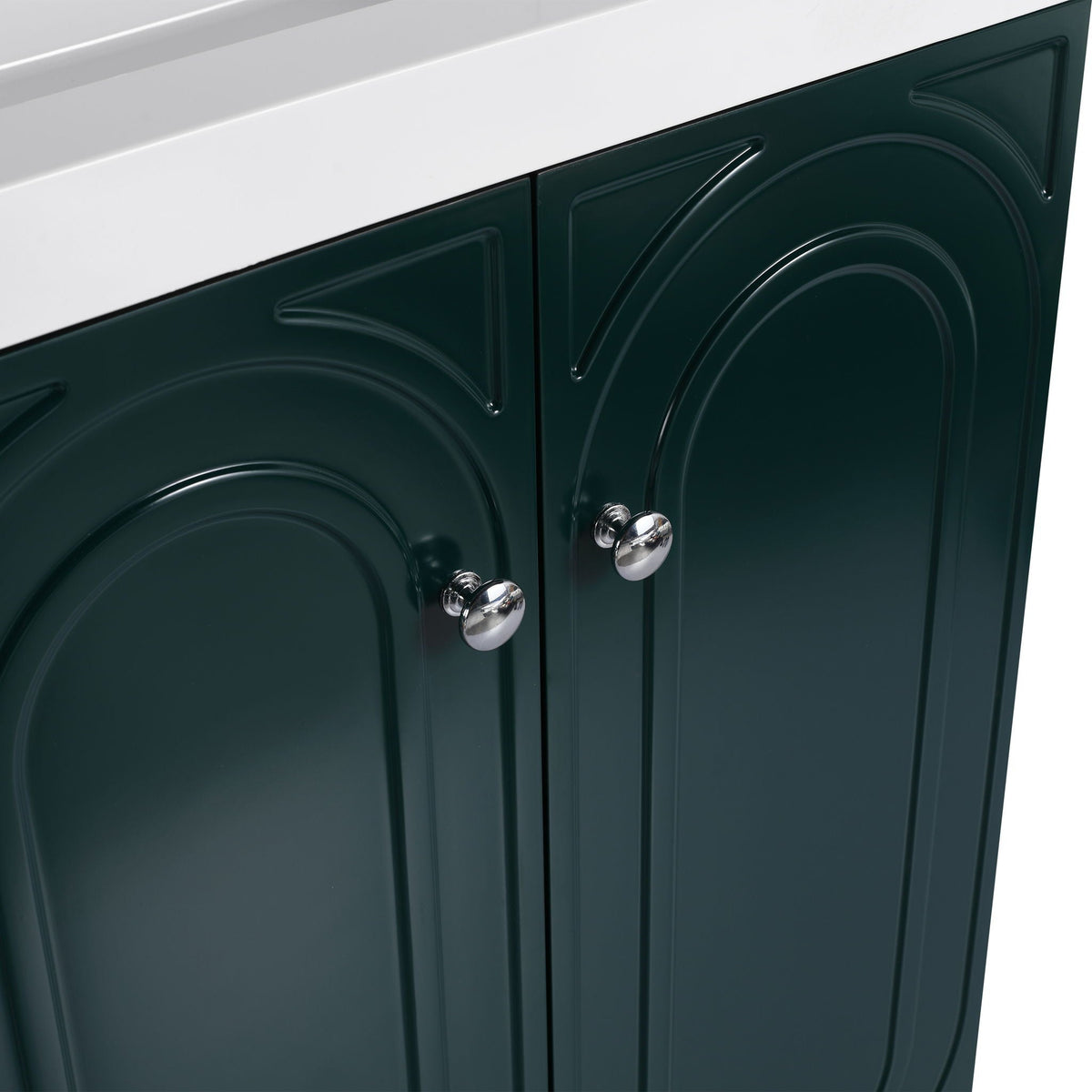 Freestanding vanity by HouseOfZazla with soft-close doors, white countertop, green panels on Tampa Home & Garden Store