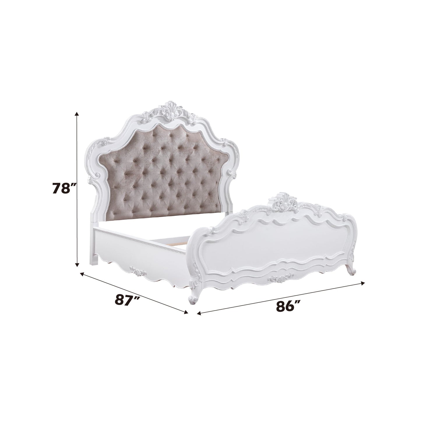 Latisha Wood Bed by HouseOfZazla, white slat bed with tufted beige headboard and footboard on Tampa Home & Garden Store