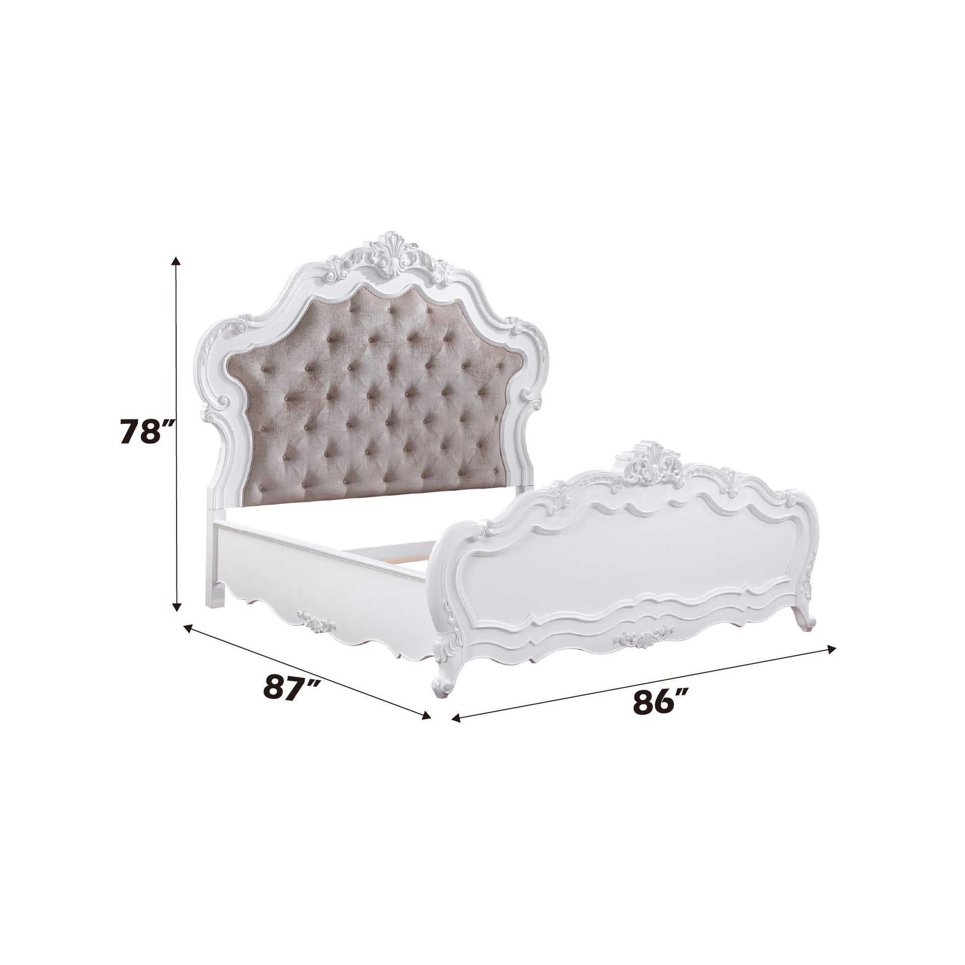 Latisha Wood Bed by HouseOfZazla, white slat bed with tufted beige headboard and footboard on Tampa Home & Garden Store