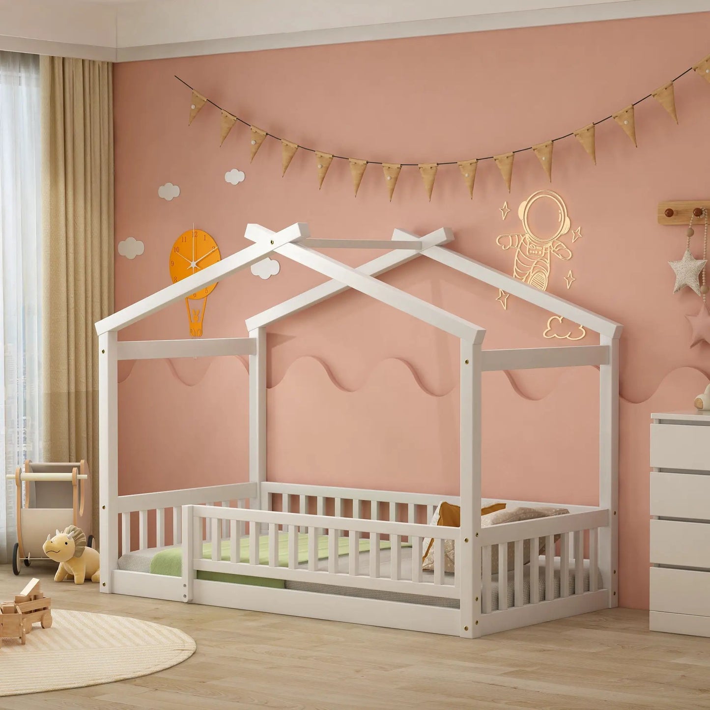 Bed House Bed Frame With Fence canopy bed, white wood, kid-friendly design on Tampa Home & Garden Store