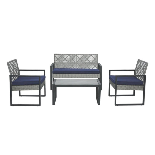 4-piece patio set by Unique Piece Furniture with acacia wood top table and navy cushions on Tampa Home & Garden Store