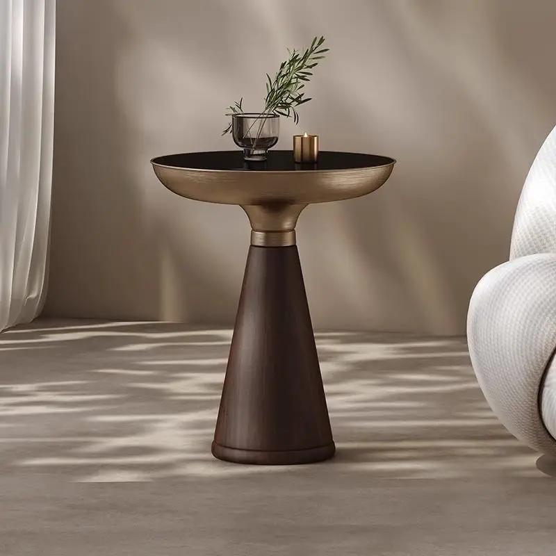 Tempered Glass Round Side Table With Solid Wood
