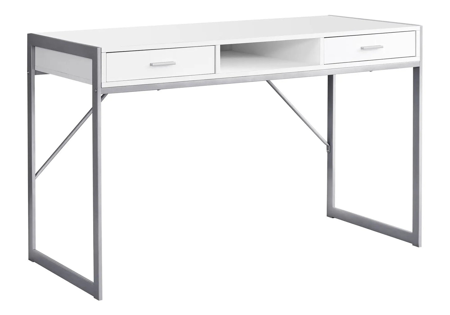 Computer desk for home office with white top, two drawers and open shelf, metal frame on Tampa Home & Garden Store