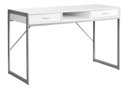 Computer desk for home office with white top, two drawers and open shelf, metal frame on Tampa Home & Garden Store