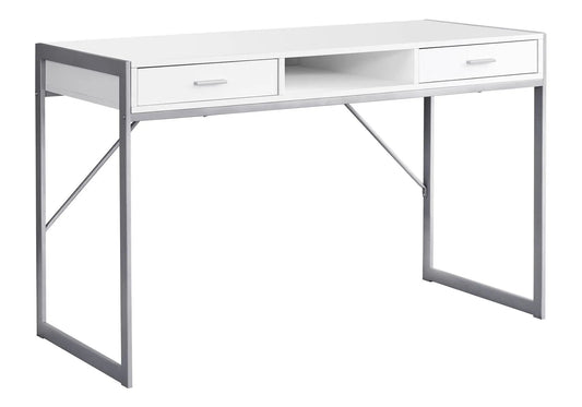 Computer desk for home office with white top, two drawers and open shelf, metal frame on Tampa Home & Garden Store