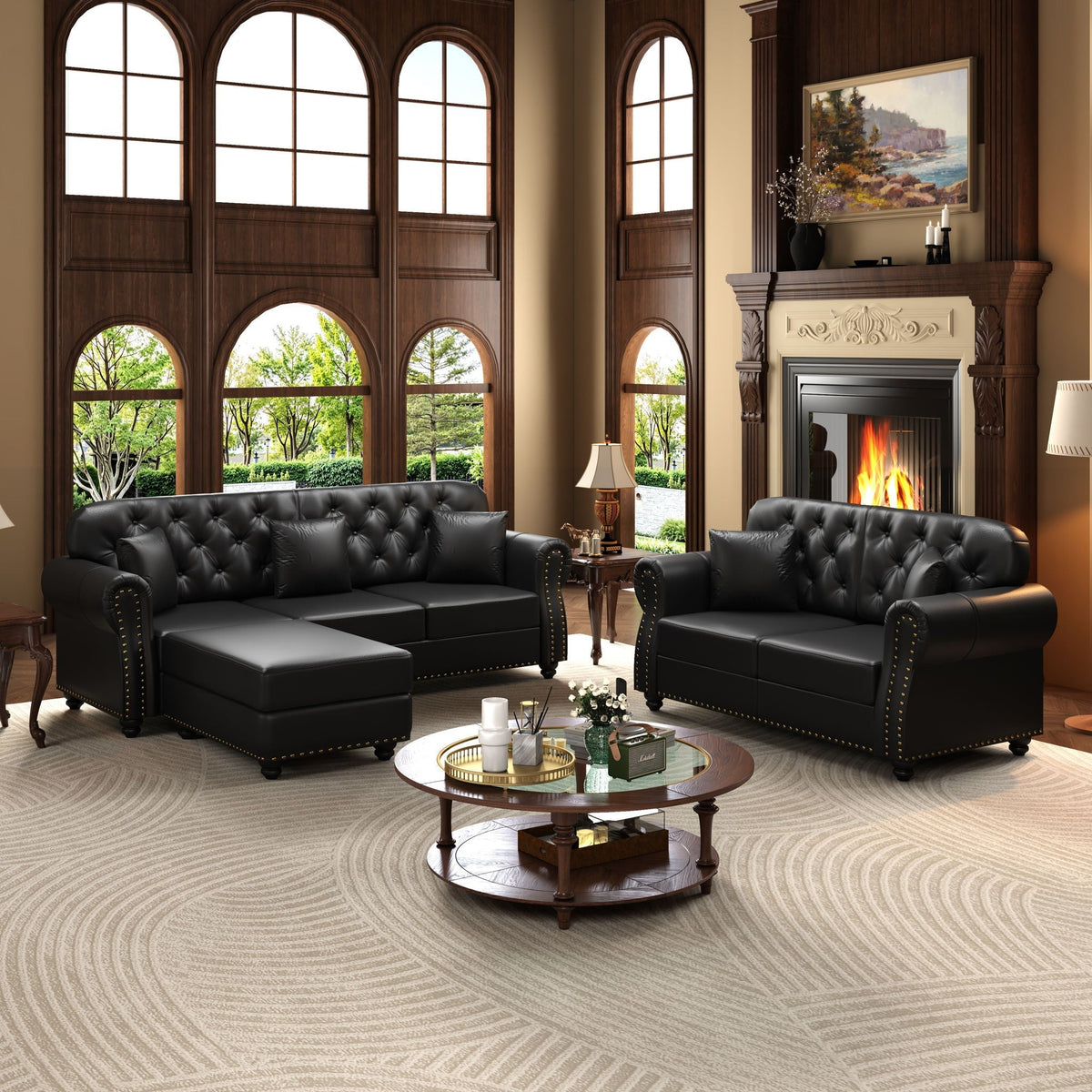Upholstered Sofa with Nailhead and Ottoman