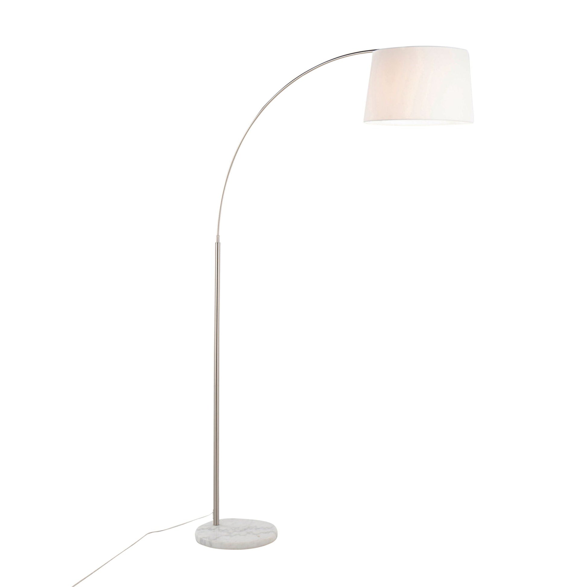 March Floor Lamp by HouseOfZazla with curved arc and white drum shade on marble base on Tampa Home & Garden Store