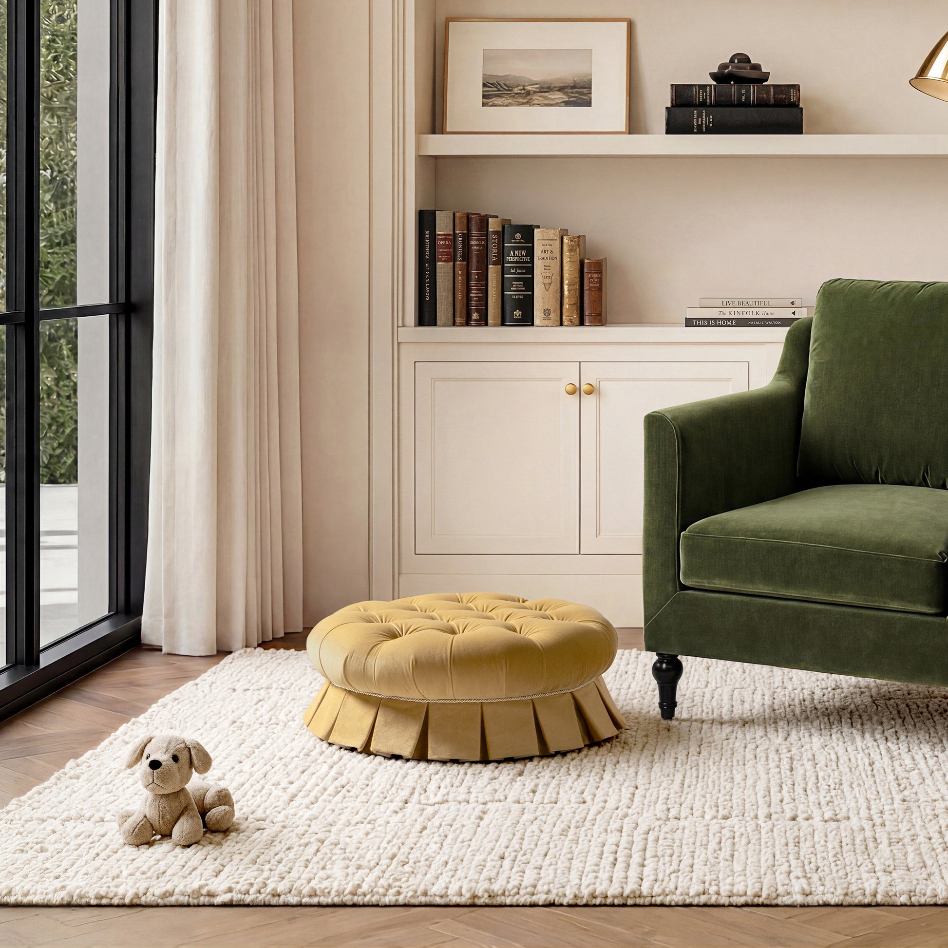 Roquefort 24.5in round tufted velvet pet bed with box-pleated skirt beige HouseOfZazla on Tampa Home & Garden Store