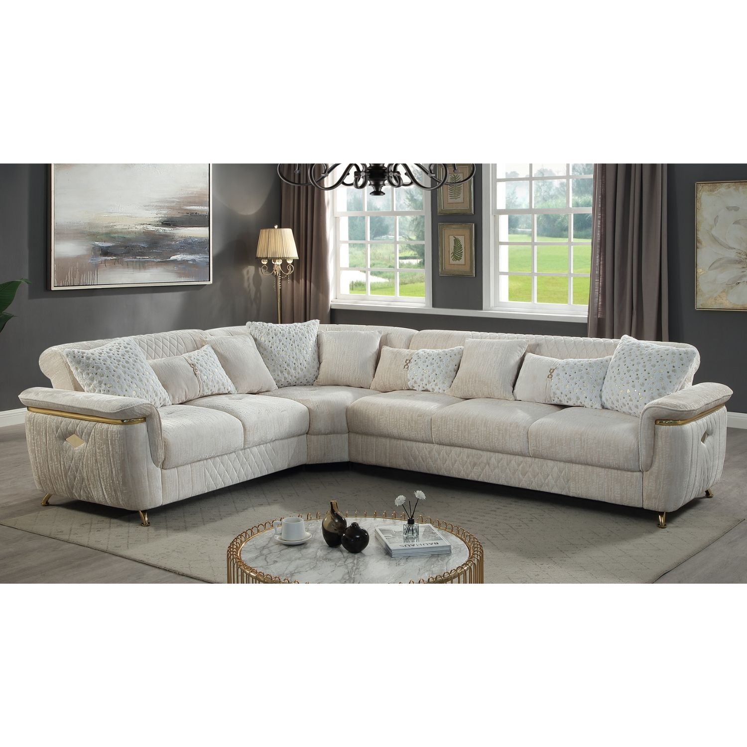 Argo Reversible Sectional sofa, cream fabric with quilted sides and gold feet, by HouseOfZazla in a living room on Tampa Home & Garden Store