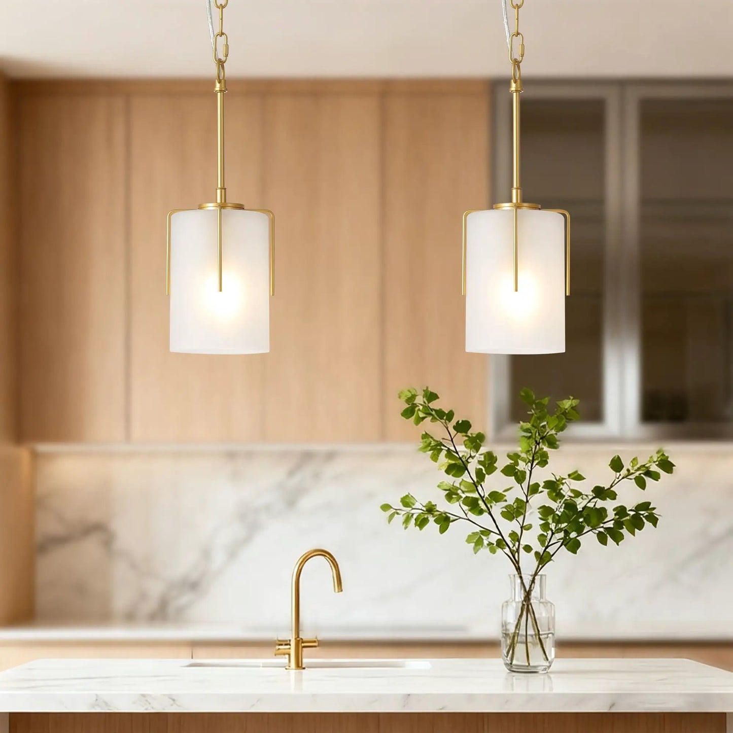 Two brass cylindrical pendant lights with white glass shades by Unique Piece Furniture on Tampa Home & Garden Store