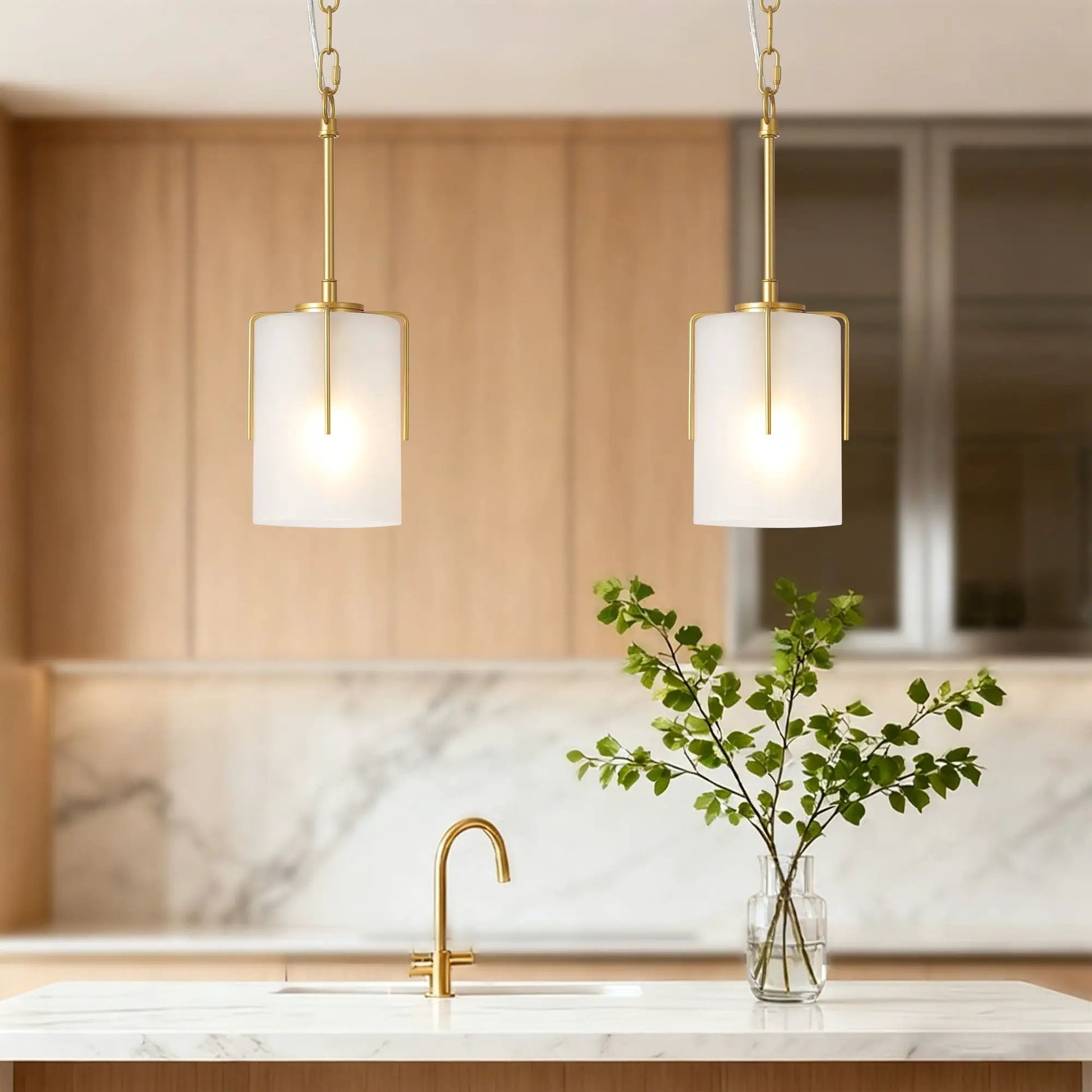 Two brass cylindrical pendant lights with white glass shades by Unique Piece Furniture on Tampa Home & Garden Store