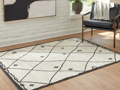 Fenriston rug white area rug with bold black grid pattern and dark border on Tampa Home & Garden Store