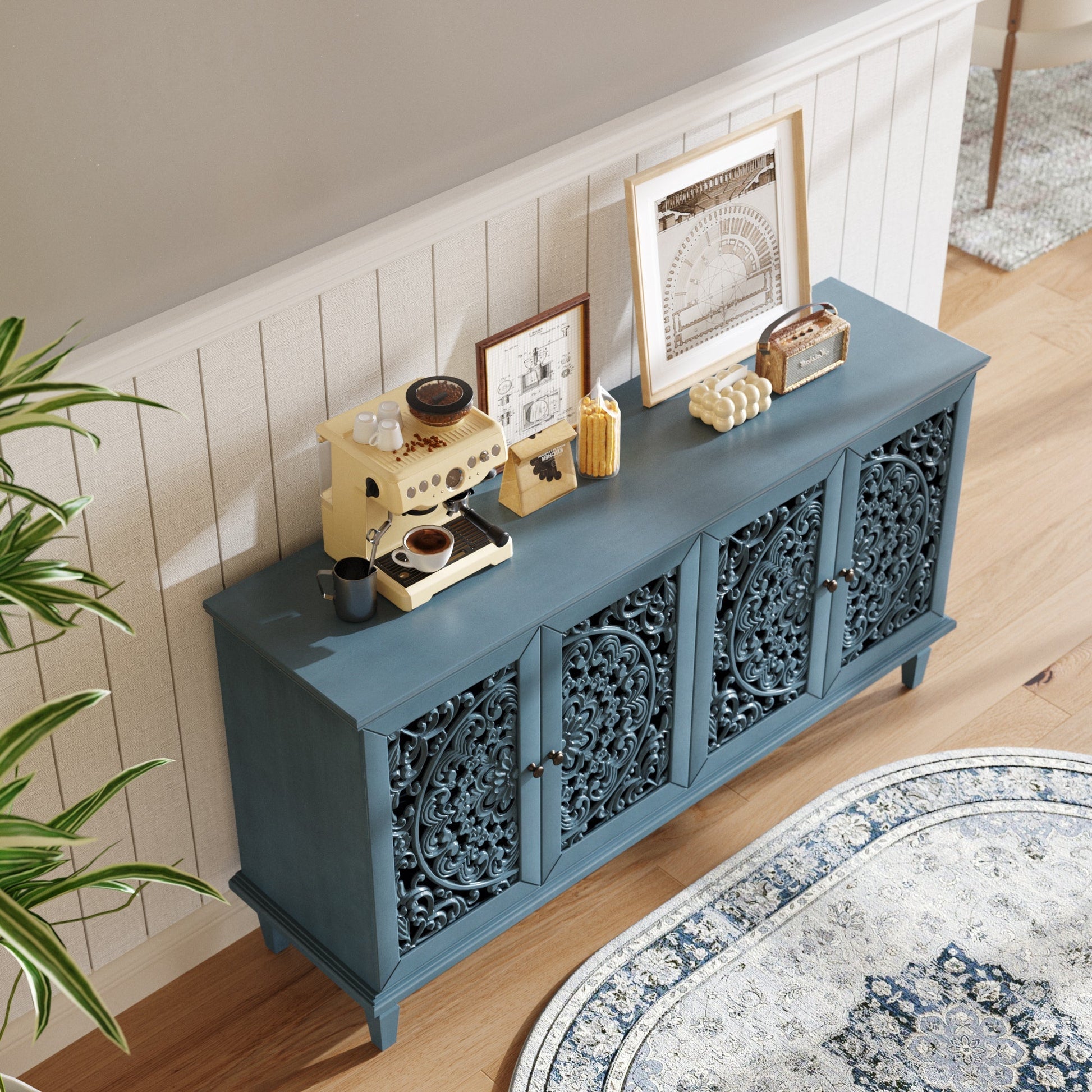 60-inch Antique Buffet Cabinet teal with floral carvings and adjustable shelves by HouseOfZazla on Tampa Home & Garden Store