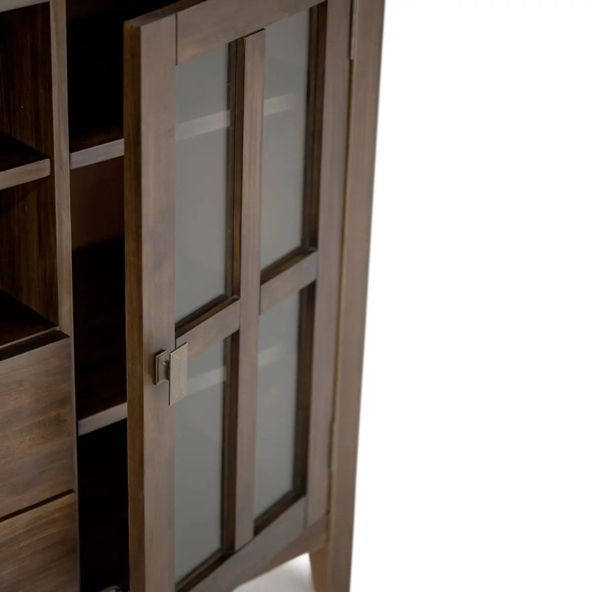 Artisan tall TV media stand natural aged brown wood with glass-paneled doors on Tampa Home & Garden Store