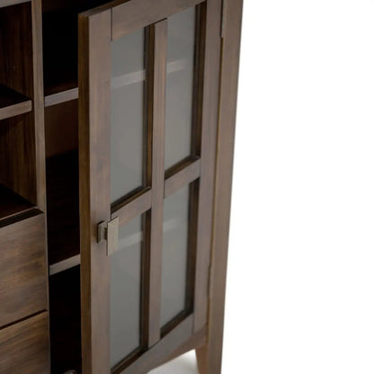 Artisan tall TV media stand natural aged brown wood with glass-paneled doors on Tampa Home & Garden Store