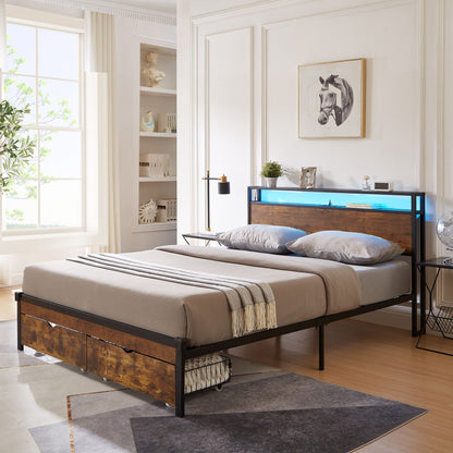 Modern metal bed with led lights and two drawers