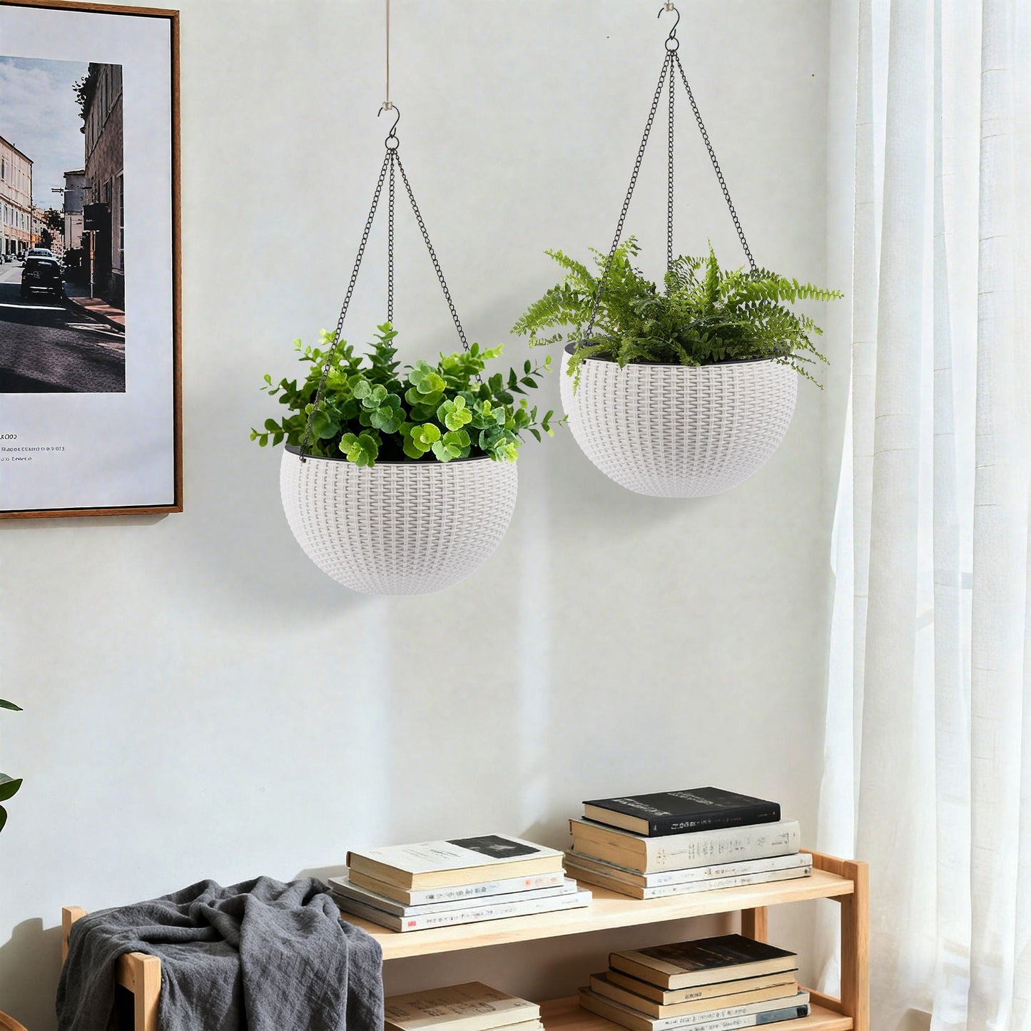 Self Watering Hanging Planter trio, white woven baskets with chains by HouseOfZazla on Tampa Home & Garden Store
