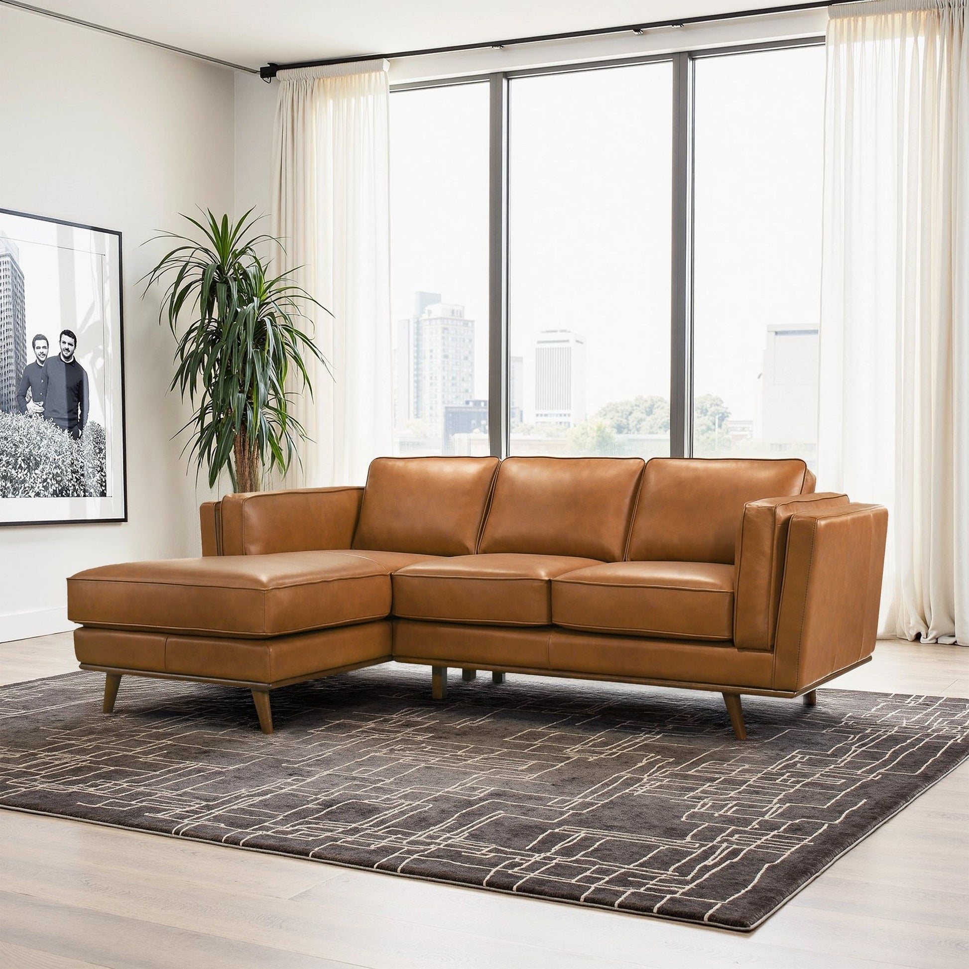Chase sectional sofa by HouseOfZazla in warm brown leather with L-shaped low-profile arms on Tampa Home & Garden Store