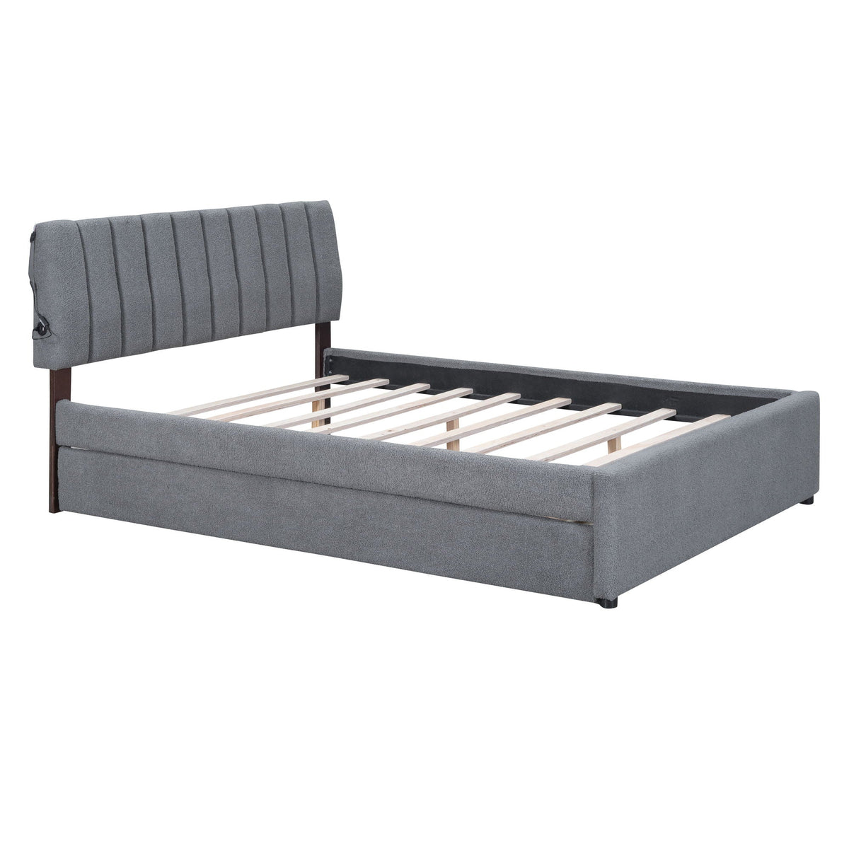 Upholstered platform bed in grey fabric with a tufted headboard and built-in trundle on Tampa Home & Garden Store