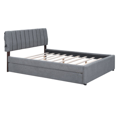 Upholstered platform bed in grey fabric with a tufted headboard and built-in trundle on Tampa Home & Garden Store