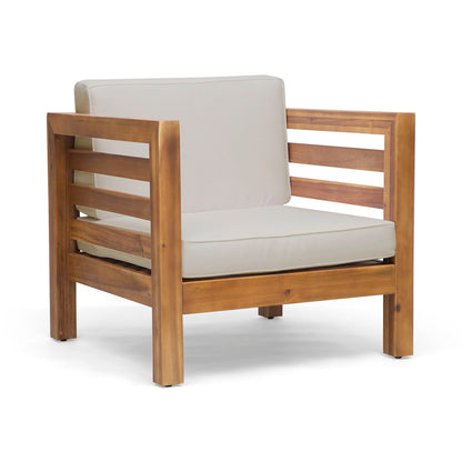 Outdoor acacia wood patio chair with beige fabric cushion by HouseOfZazla on Tampa Home & Garden Store