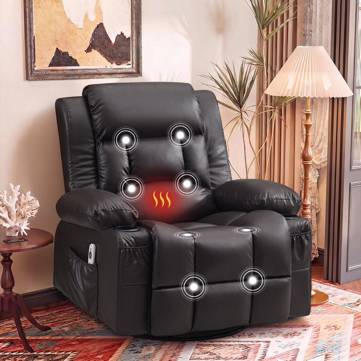 Leather Swivel Recliner with Heat and Massage