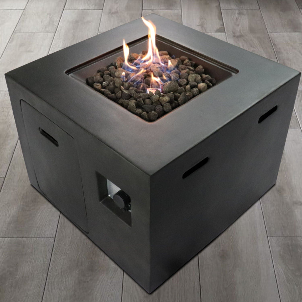 Compact outdoor gas fire pit dark gray by HouseOfZazla with lava rock media on Tampa Home & Garden Store