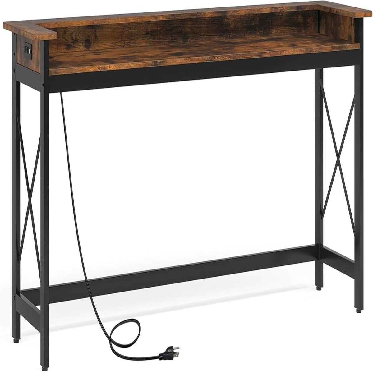 Extra long brown wood-top console table with black powder-coat frame and charging station on Tampa Home & Garden Store