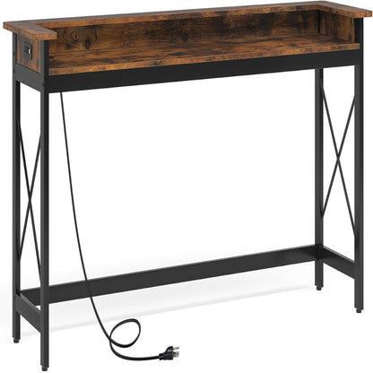 Extra long brown wood-top console table with black powder-coat frame and charging station on Tampa Home & Garden Store