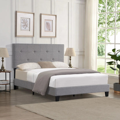 Modern upholstered platform bed with tufted gray headboard and wood slat support on Tampa Home & Garden Store