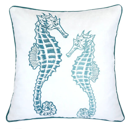 Seahorses Pillow Cover Matching Back by Unique Piece Furniture, teal embroidery and piping on Tampa Home & Garden Store