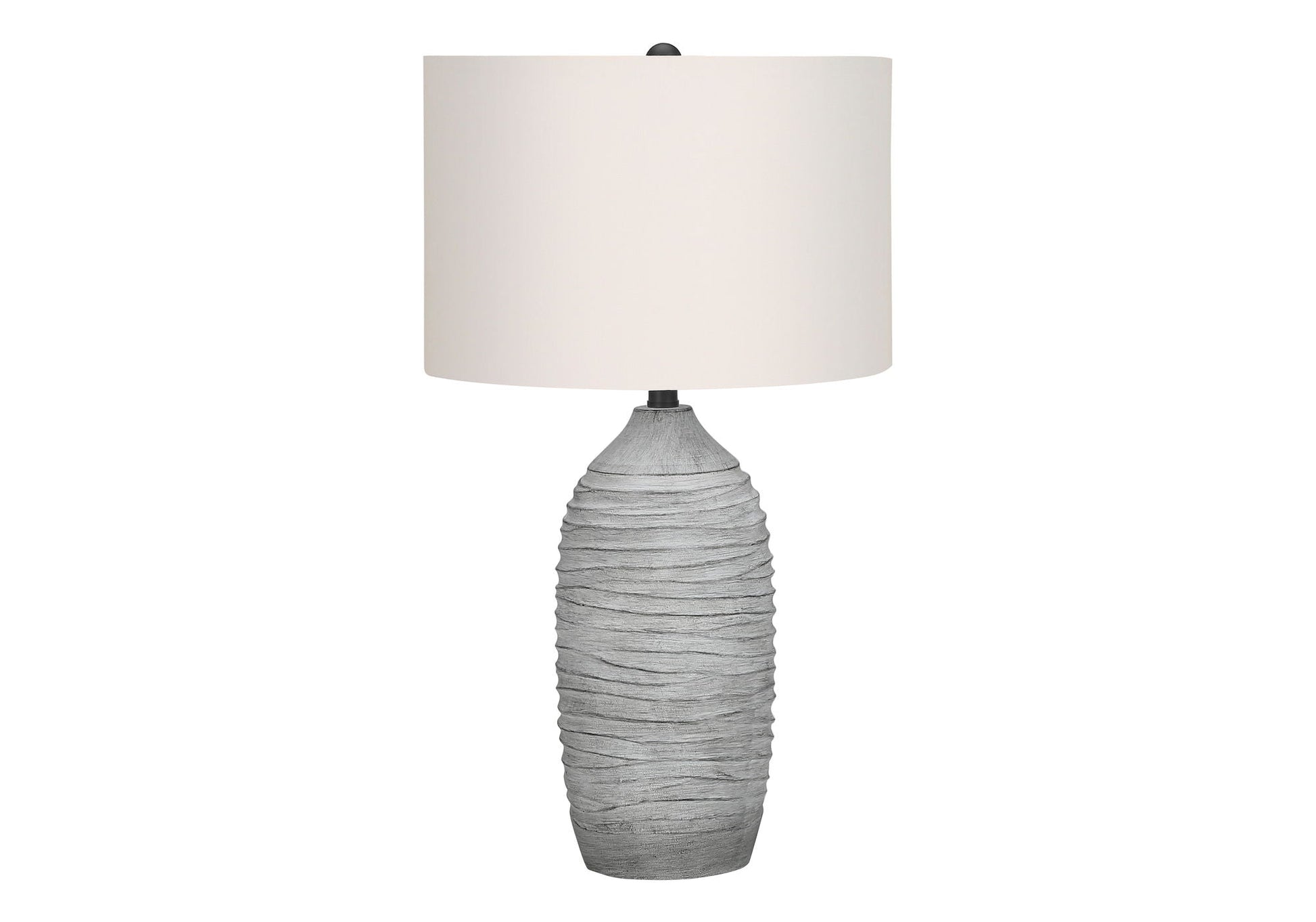Table lamp resin base with gray textured finish and cream fabric shade on Tampa Home & Garden Store
