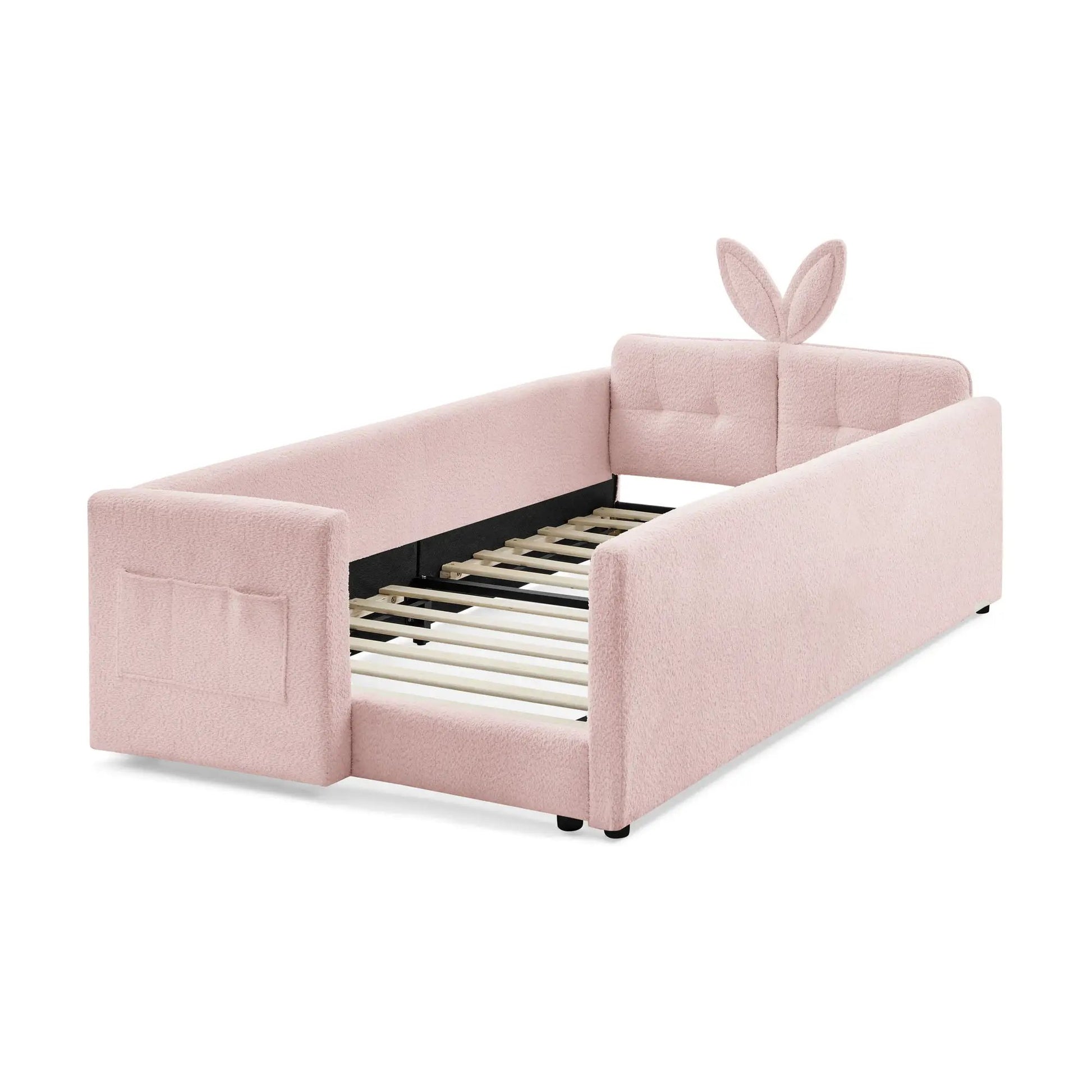 Pink rabbit-ear upholstered platform bed frame with safety rail by Unique Piece Furniture on Tampa Home & Garden Store