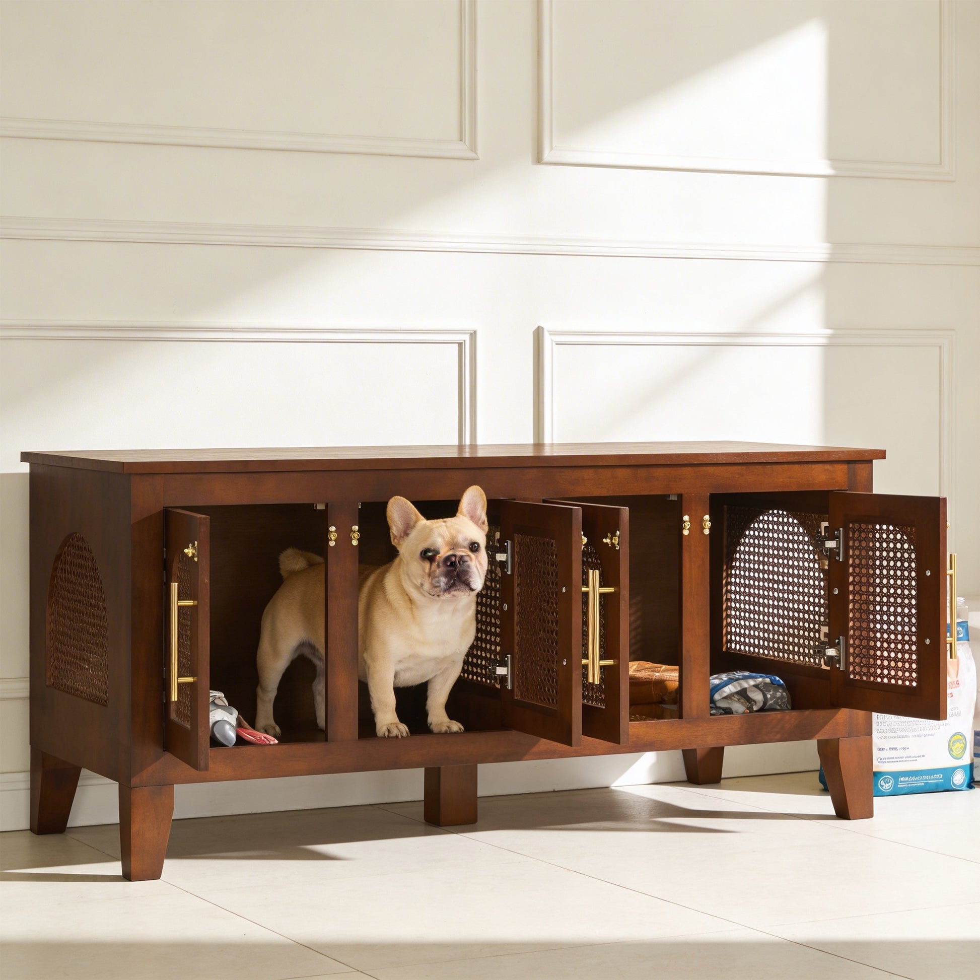 Lars indoor dog crate cabinet in dark rubber wood with rattan doors; dog inside on Tampa Home & Garden Store
