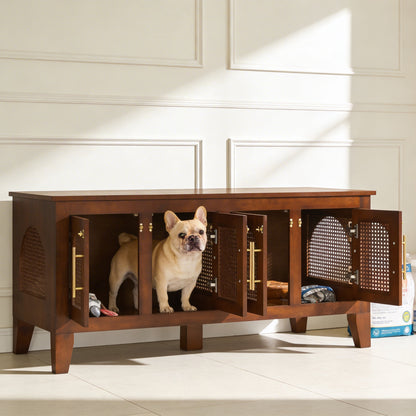 Lars indoor dog crate cabinet in dark rubber wood with rattan doors; dog inside on Tampa Home & Garden Store