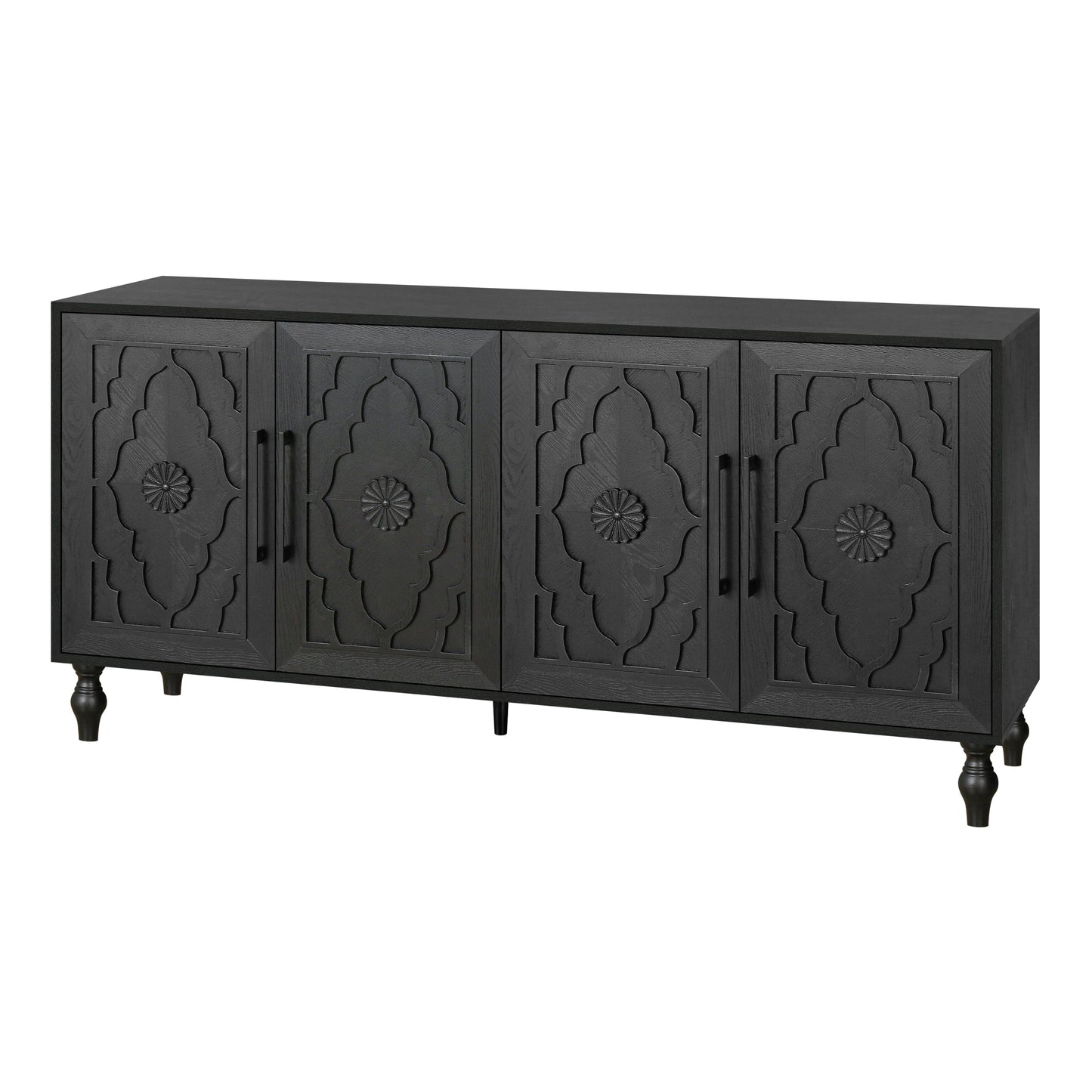 Carved Flower Door Large Storage Cabinet in black wood with metal handles 4 doors on Tampa Home & Garden Store