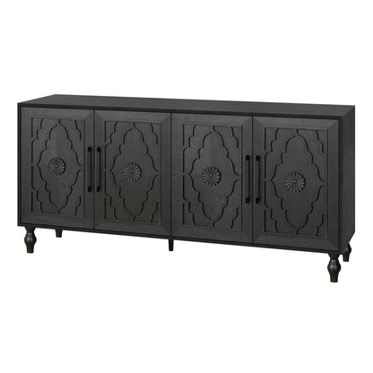 Carved Flower Door Large Storage Cabinet in black wood with metal handles 4 doors on Tampa Home & Garden Store