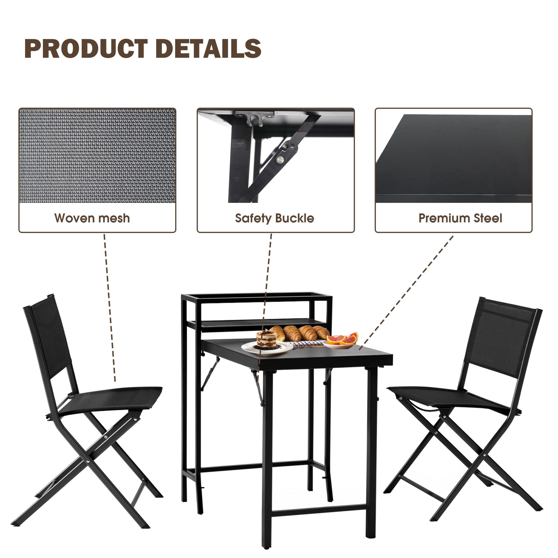 3 Piece Patio Bistro Set in black metal with foldable chairs and table by HouseOfZazla on Tampa Home & Garden Store