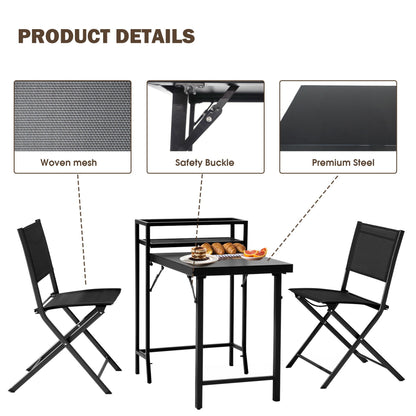 3 Piece Patio Bistro Set in black metal with foldable chairs and table by HouseOfZazla on Tampa Home & Garden Store