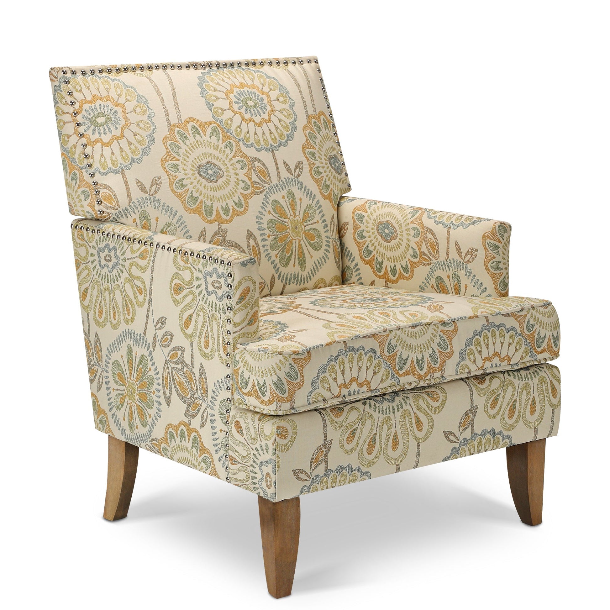Accent chair with cream fabric, pastel floral damask pattern, nailhead trim and light wooden legs on Tampa Home & Garden Store