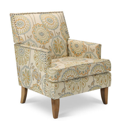 Accent chair with cream fabric, pastel floral damask pattern, nailhead trim and light wooden legs on Tampa Home & Garden Store