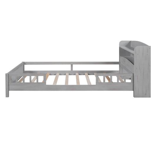 Wood platform bed with gray finish, storage headboard and guardrail by HouseOfZazla on Tampa Home & Garden Store